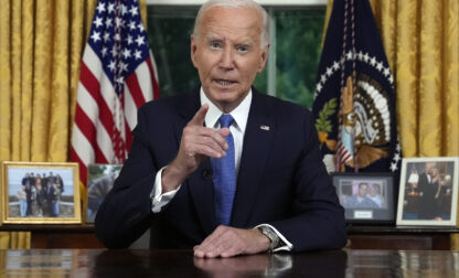 FILE - President Joe Biden addresses the nation from the Oval Office of the White House in Washington, July 24, 2024, about his decision to drop his Democratic presidential reelection bid. (AP Photo/Evan Vucci, Pool, File)