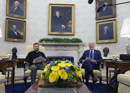 FILE - President Joe Biden, right, meets with Ukraine's President Volodymyr Zelenskyy in the Oval Office of the White House in Washington, Sept. 26, 2024. (AP Photo/Susan Walsh, File)