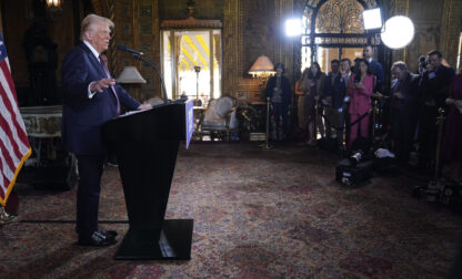 FILE - President-elect Donald Trump speaks during a news conference at Mar-a-Lago, Jan. 7, 2025, in Palm Beach, Fla. (AP Photo/Evan Vucci, File)