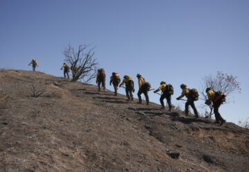 Fire crews work the burn zone of the Palisades Fire in Mandeville Canyon Thursday, Jan. 16, 2025, in Los Angeles. (AP Photo/Jae C. Hong)