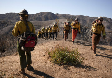 Fire crews work the burn zone of the Palisades Fire in Mandeville Canyon Thursday, Jan. 16, 2025, in Los Angeles. (AP Photo/Jae C. Hong)