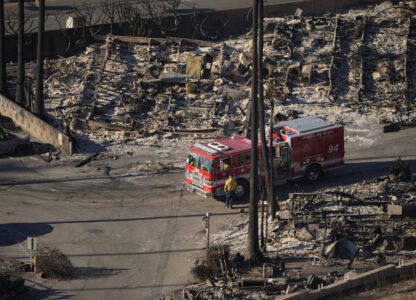 The Pacific Palisades Bowl Mobile Estates destroyed by the Palisades Fire is seen in the Pacific Palisades neighborhood of Los Angeles, Thursday, Jan. 16, 2025. (AP Photo/Damian Dovarganes)