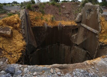 An abandoned gold mine, where miners were rescued from below ground, in Stilfontein, South Africa, Thursday, Jan. 16, 2025. (AP Photo/Themba Hadebe)