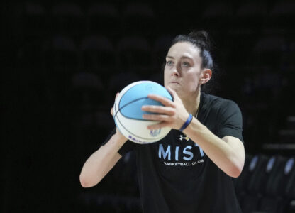 Mist player Breanna Stewart practices three-point shots, Thursday, Jan. 16, 2025, in Medley, Fla. (AP Photo/Marta Lavandier)