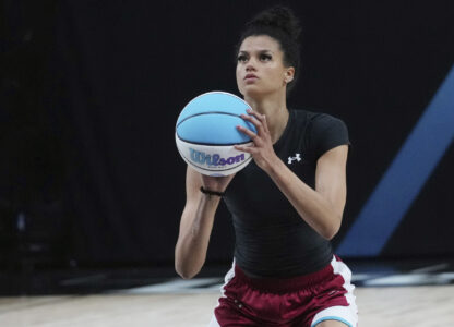 Vinyl's Rae Burrell practices free throws, Thursday, Jan. 16, 2025, in Medley, Fla., as the new 3-on-3 women's basketball league Unrivaled tips off this weekend. (AP Photo/Marta Lavandier)