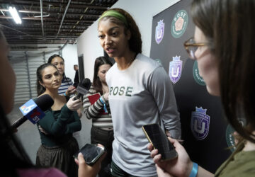 Rose player Angel Reese speaks following a practice session, Thursday, Jan. 16, 2025, in Medley, Fla., as the new 3-on-3 women's basketball league Unrivaled tips off this weekend. (AP Photo/Marta Lavandier)