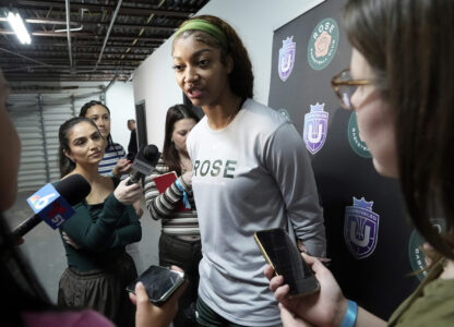 Rose player Angel Reese speaks following a practice session, Thursday, Jan. 16, 2025, in Medley, Fla., as the new 3-on-3 women's basketball league Unrivaled tips off this weekend. (AP Photo/Marta Lavandier)