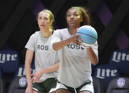 Rose's Angel Reese, right, and Lexie Hull practice, Thursday, Jan. 16, 2025, in Medley, Fla., as the new 3-on-3 women's basketball league Unrivaled tips off this weekend. (AP Photo/Marta Lavandier)