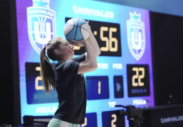 Laces player Kate Martin practices, Thursday, Jan. 16, 2025, in Medley, Fla., as the new 3-on-3 women's basketball league Unrivaled tips off this weekend. (AP Photo/Marta Lavandier)