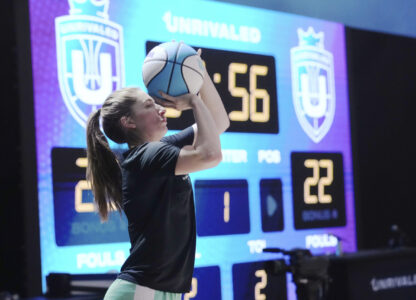 Laces player Kate Martin practices, Thursday, Jan. 16, 2025, in Medley, Fla., as the new 3-on-3 women's basketball league Unrivaled tips off this weekend. (AP Photo/Marta Lavandier)