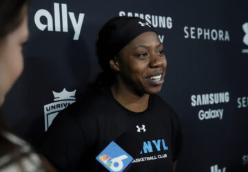 Vinyl's Arike Ogunbowale speaks following a practice session, Thursday, Jan. 16, 2025, in Medley, Fla., as the new 3-on-3 women's basketball league Unrivaled tips off this weekend. (AP Photo/Marta Lavandier)