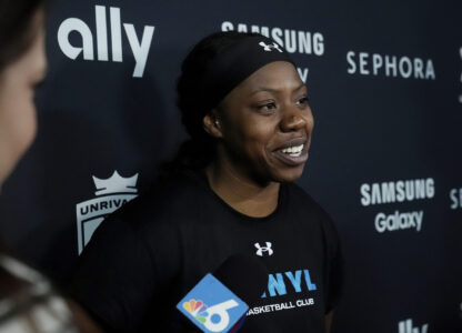 Vinyl's Arike Ogunbowale speaks following a practice session, Thursday, Jan. 16, 2025, in Medley, Fla., as the new 3-on-3 women's basketball league Unrivaled tips off this weekend. (AP Photo/Marta Lavandier)