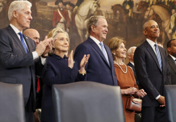 From left, former President Bill Clinton, former Secretary of State Hillary Clinton, former President George W. Bush, former first lady Laura Bush and former President Barack Obama, arrive before the 60th Presidential Inauguration in the Rotunda of the U.S. Capitol in Washington, Monday, Jan. 20, 2025. (Chip Somodevilla/Pool Photo via AP)