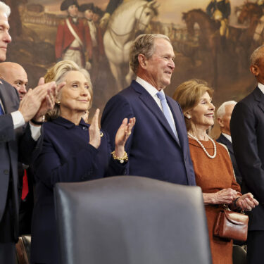 From left, former President Bill Clinton, former Secretary of State Hillary Clinton, former President George W. Bush, former first lady Laura Bush and former President Barack Obama, arrive before the 60th Presidential Inauguration in the Rotunda of the U.S. Capitol in Washington, Monday, Jan. 20, 2025. (Chip Somodevilla/Pool Photo via AP)