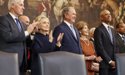 From left, former President Bill Clinton, former Secretary of State Hillary Clinton, former President George W. Bush, former first lady Laura Bush and former President Barack Obama, arrive before the 60th Presidential Inauguration in the Rotunda of the U.S. Capitol in Washington, Monday, Jan. 20, 2025. (Chip Somodevilla/Pool Photo via AP)