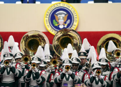 Members of the marching band from Mississippi Valley State University perform at an indoor Presidential Inauguration parade event in Washington, Monday, Jan. 20, 2025. (AP Photo/Matt Rourke)