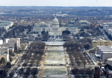 A view of the U.S. Capitol and the National Mall is pictured from the top of the Washington Monument on the day of the 60th Presidential Inauguration in the Rotunda of the U.S. Capitol in Washington, Monday, Jan. 20, 2025. (Brendan McDermid/Pool Photo via AP)