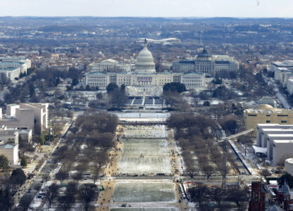 A view of the U.S. Capitol and the National Mall is pictured from the top of the Washington Monument on the day of the 60th Presidential Inauguration in the Rotunda of the U.S. Capitol in Washington, Monday, Jan. 20, 2025. (Brendan McDermid/Pool Photo via AP)