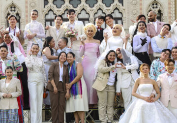 A group of LGBTQ pose for a picture as a part of celebration of a marriage equality bill at Government house in Bangkok, Thailand, on Jan. 15, 2025. (AP Photo/Jirasak jivawavatanawanit)