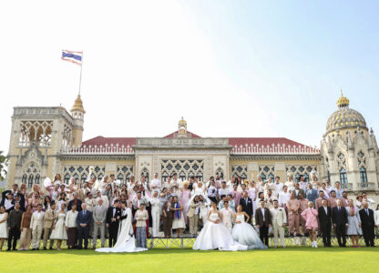 A group of LGBTQ pose for a picture as a part of celebration of a marriage equality bill at Government house in Bangkok, Thailand, on Jan. 15, 2025. (AP Photo/Jirasak jivawavatanawanit)