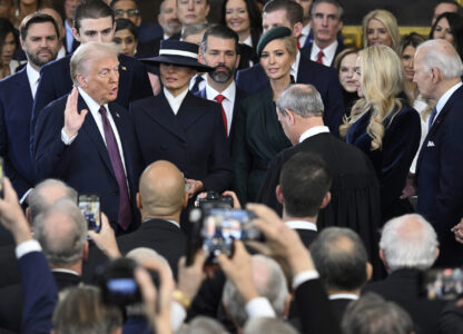 President-elect Donald Trump takes the oath of office during the 60th Presidential Inauguration in the Rotunda of the U.S. Capitol in Washington, Monday, Jan. 20, 2025. (Saul Loeb/Pool photo via AP)