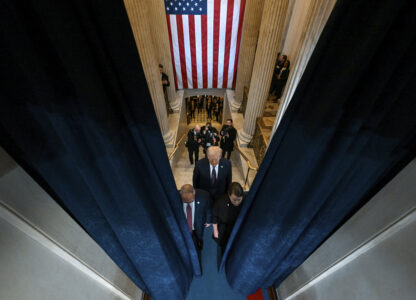 President-elect Donald Trump arrives at the 60th Presidential Inauguration in the Rotunda of the U.S. Capitol in Washington, Monday, Jan. 20, 2025. (Kenny Holston/The New York Times via AP, Pool)