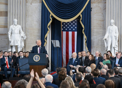 President Donald Trump speaks after taking the oath of office during the 60th Presidential Inauguration in the Rotunda of the U.S. Capitol in Washington, Monday, Jan. 20, 2025. (Kenny Holston/The New York Times via AP, Pool)