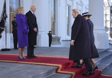 President Joe Biden, center left, and first lady Jill Biden, left, greet President-elect Donald Trump, center right, and Melania Trump, right, upon arriving at the White House, Monday, Jan. 20, 2025, in Washington. (AP Photo/Evan Vucci)