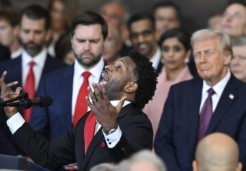 Pastor of 180 Church Lorenzo Sewell, delivers a benediction after President Donald Trump was sworn in during the 60th Presidential Inauguration in the Rotunda of the U.S. Capitol in Washington, Monday, Jan. 20, 2025. (Saul Loeb/Pool photo via AP)