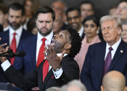 Pastor of 180 Church Lorenzo Sewell, delivers a benediction after President Donald Trump was sworn in during the 60th Presidential Inauguration in the Rotunda of the U.S. Capitol in Washington, Monday, Jan. 20, 2025. (Saul Loeb/Pool photo via AP)