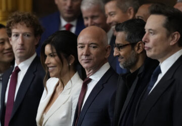 Guests including Mark Zuckerberg, Jeff Bezos, Sundar Pichai and Elon Musk, arrive before the 60th Presidential Inauguration in the Rotunda of the U.S. Capitol in Washington, Monday, Jan. 20, 2025. (AP Photo/Julia Demaree Nikhinson, Pool)