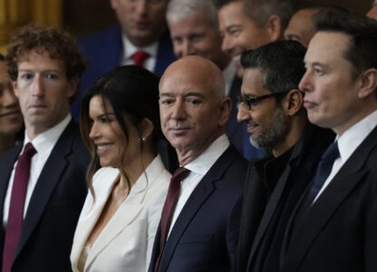 Guests including Mark Zuckerberg, Jeff Bezos, Sundar Pichai and Elon Musk, arrive before the 60th Presidential Inauguration in the Rotunda of the U.S. Capitol in Washington, Monday, Jan. 20, 2025. (AP Photo/Julia Demaree Nikhinson, Pool)