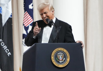 FILE - President Donald Trump speaks at a ball after his inauguration, Jan. 20, 2025, in Washington. (AP Photo/Ben Curtis, File)