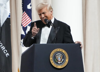 FILE - President Donald Trump speaks at a ball after his inauguration, Jan. 20, 2025, in Washington. (AP Photo/Ben Curtis, File)