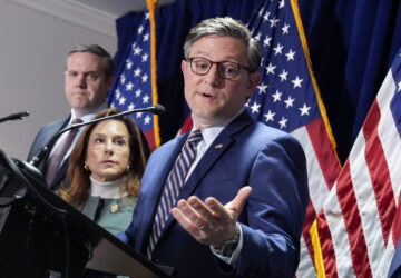 House Speaker Mike Johnson, R-La., center, joined from left by Rep. Jeff Hurd, R-Colo., and Republican Conference Chair Lisa McClain, R-Mich., during a news conference at the Republican National Committee headquarters in Washington, Wednesday, Jan. 22, 2025. (AP Photo/J. Scott Applewhite)