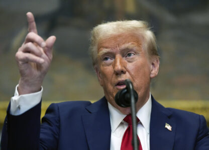 President Donald Trump speaks in the Roosevelt Room of the White House, Tuesday, Jan. 21, 2025, in Washington. (AP Photo/Julia Demaree Nikhinson)