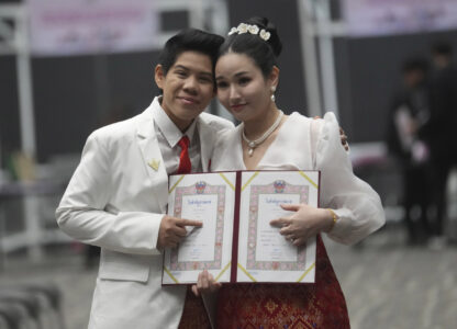 CORRECTS THE NAME OF THE PERSON AT RIGHT - Kwanporn Kongpetch, left, and Ploynaplus Chirasukon from the LGBTQ+ community show their marriage certificates after the Marriage Equality Act took effect in Bangkok, Thailand, Thursday, Jan. 23, 2025. (AP Photo/Sakchai Lalit)