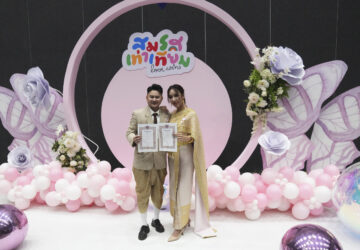 A couple from the LGBTQ+ community shows their marriage certificate in Bangkok, Thailand, Thursday, Jan. 23, 2025. (AP Photo/Sakchai Lalit)