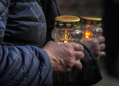 Survivors and relatives attend a ceremony at the Auschwitz-Birkenau former Nazi German concentration and extermination camp, in Oswiecim, Poland, Monday, Jan. 27. 2025. (AP Photo/Czarek Sokolowski)