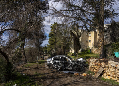 A car heavily damaged during the 14-month war between Hezbollah and Israel in Kibbutz Manara, on the border with Lebanon, northern Israel, Jan. 5, 2025. (AP Photo/Ariel Schalit)