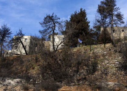 An Israeli flag seen among burnt trees and heavy damage from the 14-month war between Hezbollah and Israel in Kibbutz Manara, on the border with Lebanon, northern Israel, Jan. 5, 2025. (AP Photo/Ariel Schalit)