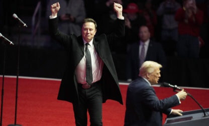 Elon Musk reacts as President-elect Donald Trump speaks at a rally ahead of the 60th Presidential Inauguration, Sunday, Jan. 19, 2025, in Washington. (AP Photo/Alex Brandon)