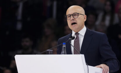 Outgoing Serbian Prime Minister Milos Vucevic speaks during a pre-election rally of his ruling Serbian Progressive Party in Belgrade, Serbia, Saturday, Dec. 2, 2023. Vucevic steps down as anti-corruption protests persist over a deadly concrete canopy fall in the northern Serbian city of Novi Sad three months ago, killing 15 people. (AP Photo/Darko Vojinovic)