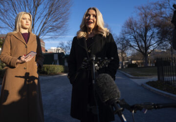 White House press secretary Karoline Leavitt speaks with reporters at the White House, Wednesday, Jan. 29, 2025, in Washington. (AP Photo/Evan Vucci)