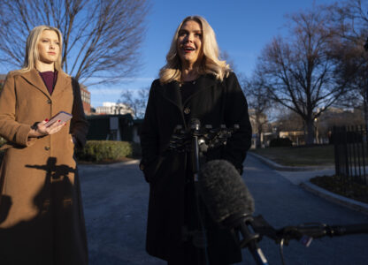 White House press secretary Karoline Leavitt speaks with reporters at the White House, Wednesday, Jan. 29, 2025, in Washington. (AP Photo/Evan Vucci)