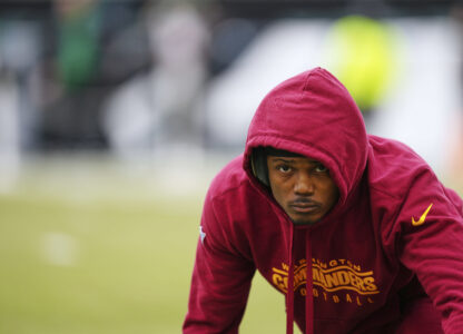 FILE - Washington Commanders wide receiver Terry McLaurin warms up before the NFC Championship NFL football game Jan. 26, 2025, in Philadelphia. (AP Photo/Derik Hamilton, File)