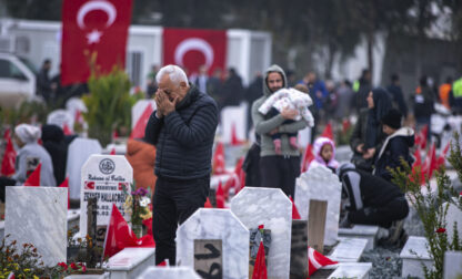 FILE - People visit graves in a cemetery where some of the victims of the earthquake in Feb. 2023 are buried in Antakya, southern Turkey, Tuesday, Feb. 6, 2024. (AP Photo/Metin Yoksu, File)