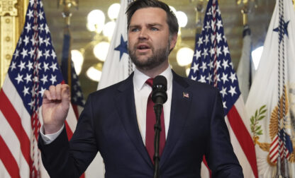 Vice President JD Vance speaks before swearing in Secretary of State Marco Rubio in the Vice Presidential Ceremonial Office in the Eisenhower Executive Office Building on the White House campus, Tuesday, Jan. 21, 2025, in Washington. (AP Photo/Evan Vucci)