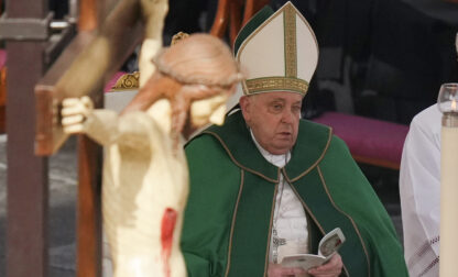 Pope Francis presides over a mass for the jubilee of the armed forces in St. Peter's Square at The Vatican, Sunday Feb.9, 2025. (AP Photo/Alessandra Tarantino)