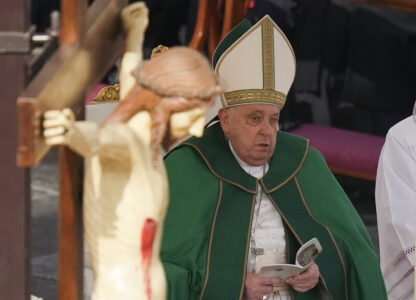 Pope Francis presides over a mass for the jubilee of the armed forces in St. Peter's Square at The Vatican, Sunday Feb.9, 2025. (AP Photo/Alessandra Tarantino)